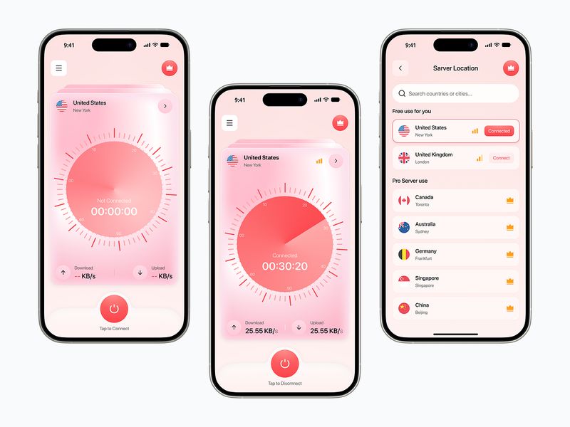 VPN App — Modern Secure Connection & Server Selection UI