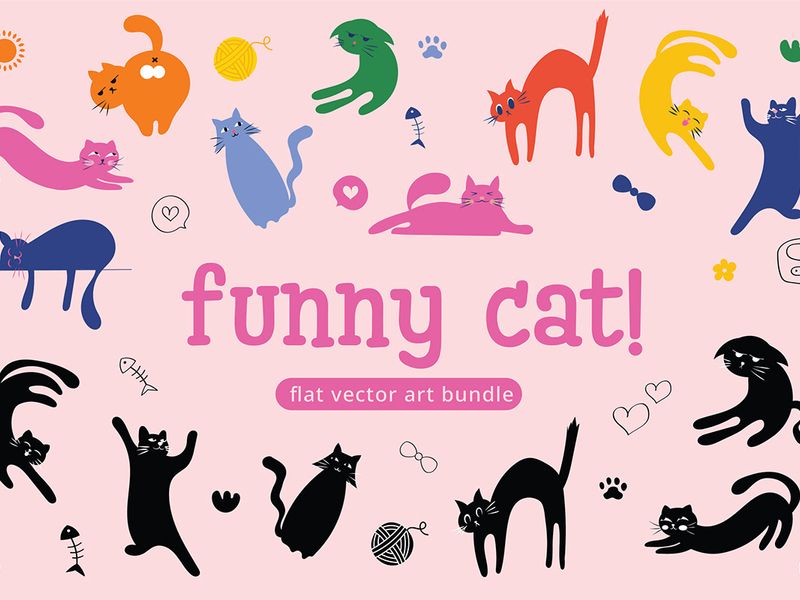 Funny Cat! Flat Vector Art Bundle & Merchandise Mockups