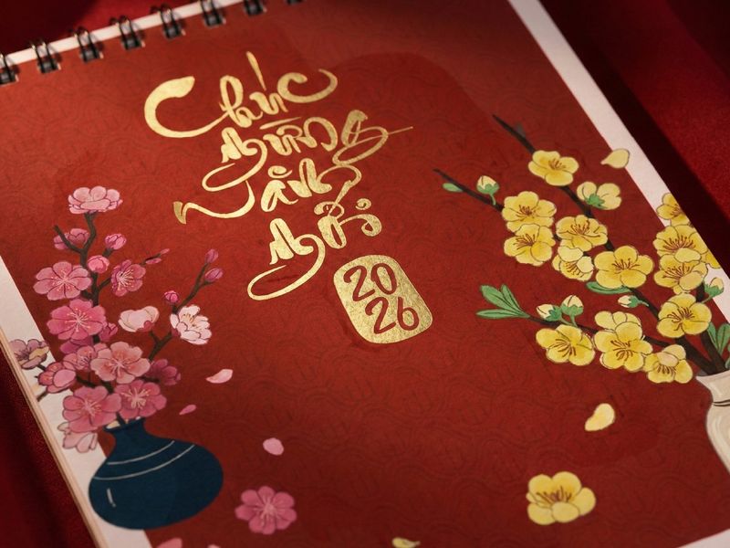 Vietnamese Lunar New Year Desk Calendar Traditional Tet Illustration Set