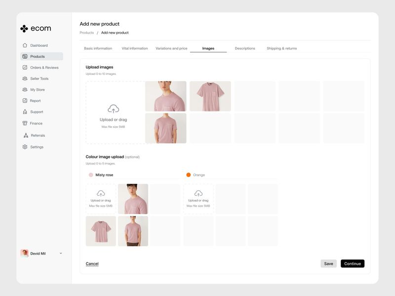 E-commerce Product Upload Dashboard UI