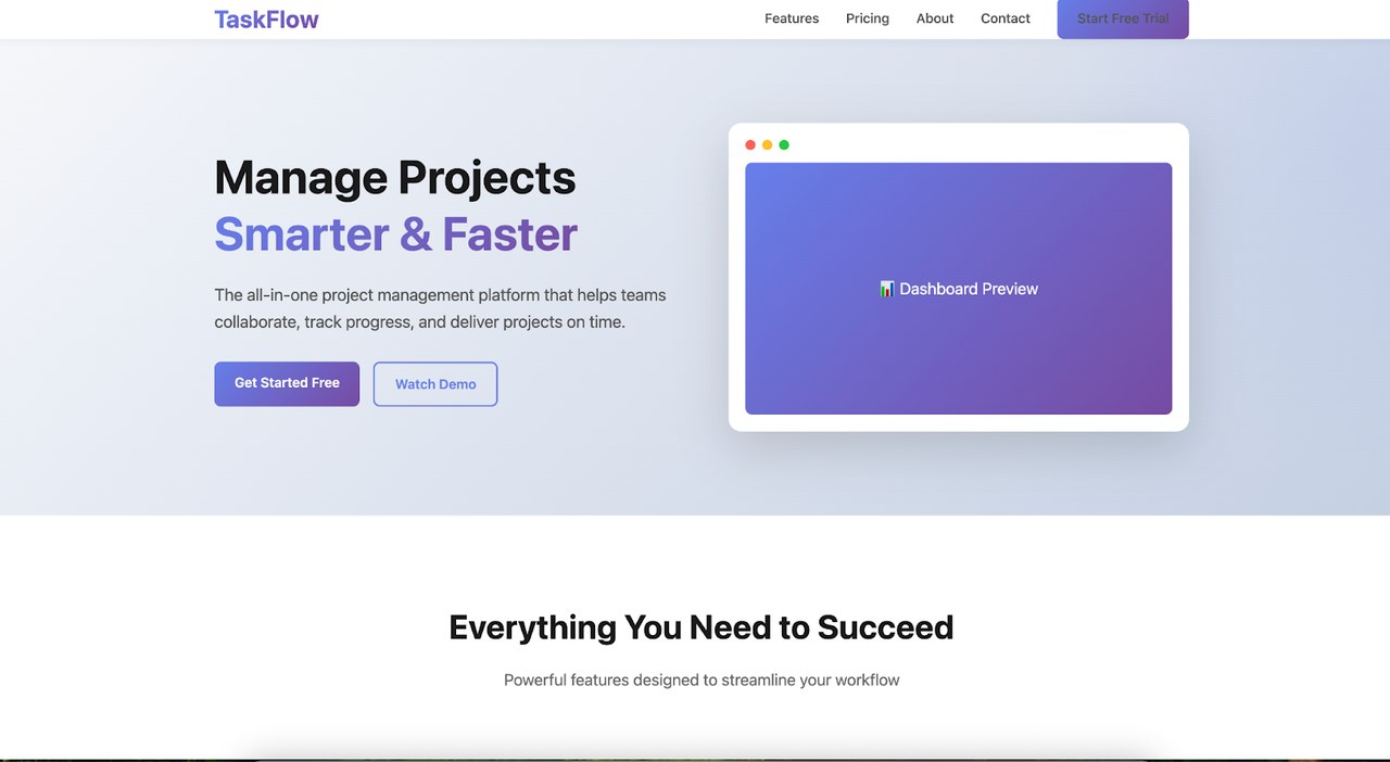 A generic SaaS landing page with a purple gradient, Inter type and a standard layout