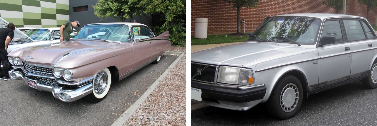 A pink 1959 Cadillac Eldorado next to a boxy silver Volvo 240