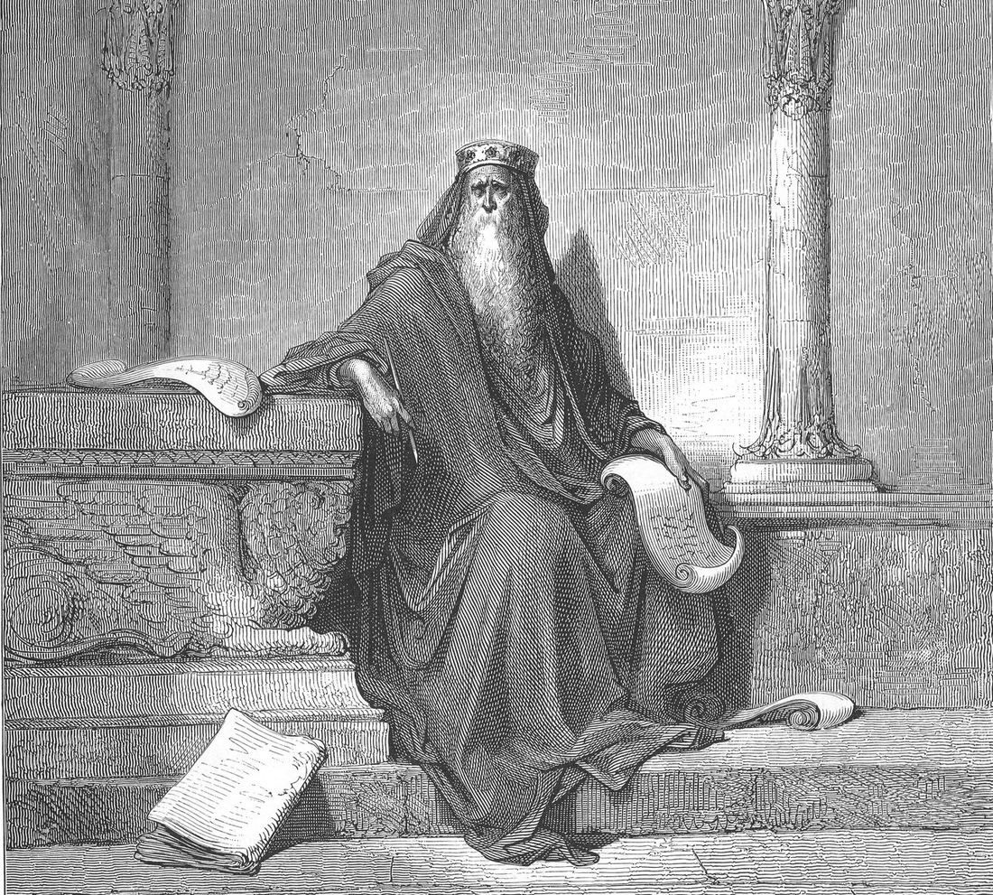 Gustave Doré engraving of an old King Solomon sitting on a stone bench with scrolls at his feet, looking unimpressed