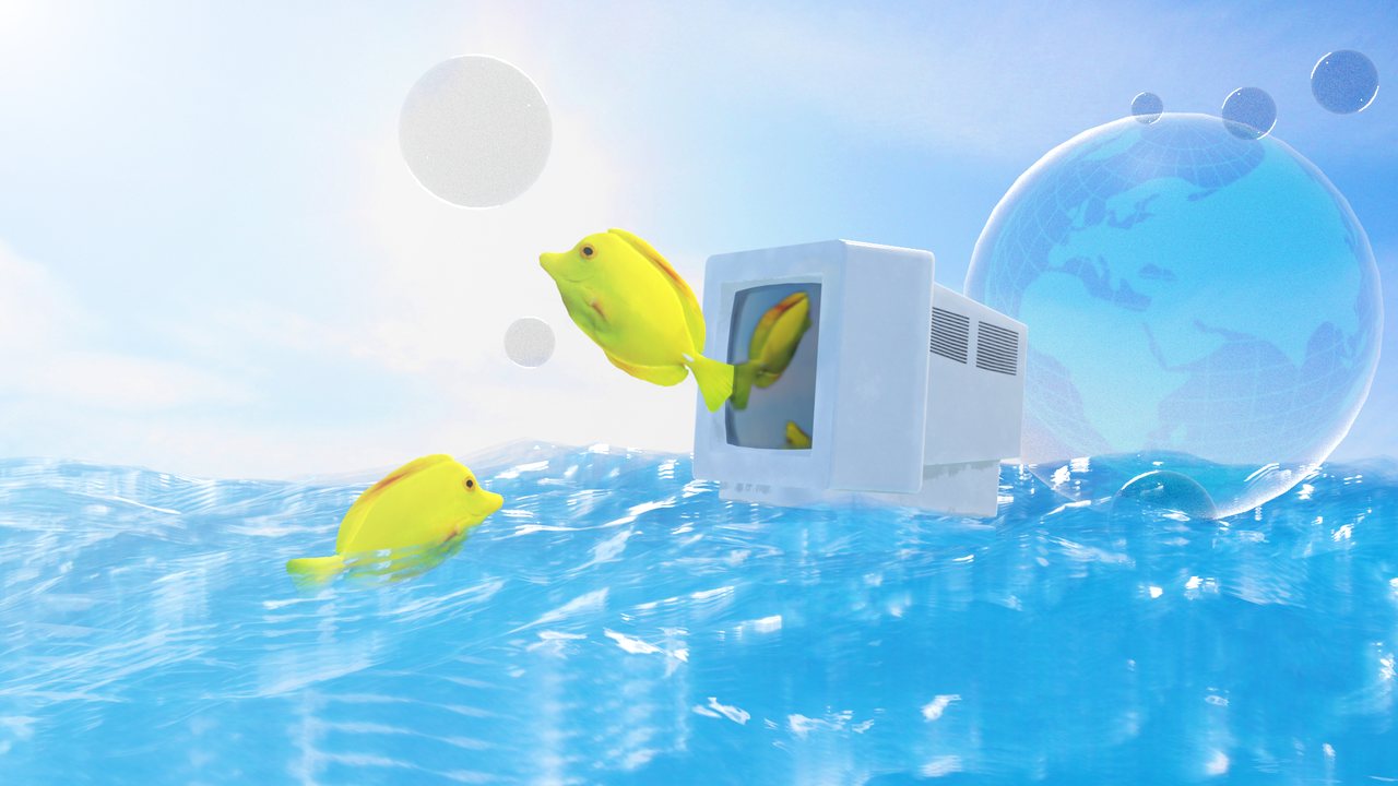 Frutiger Aero artwork with bright fish, water, a glassy globe and a white computer monitor under a blue sky