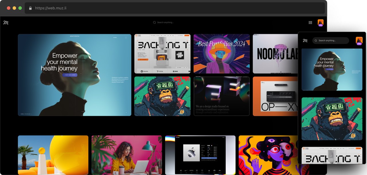 The Muzli feed in a browser window and on a phone, a grid of colourful design work
