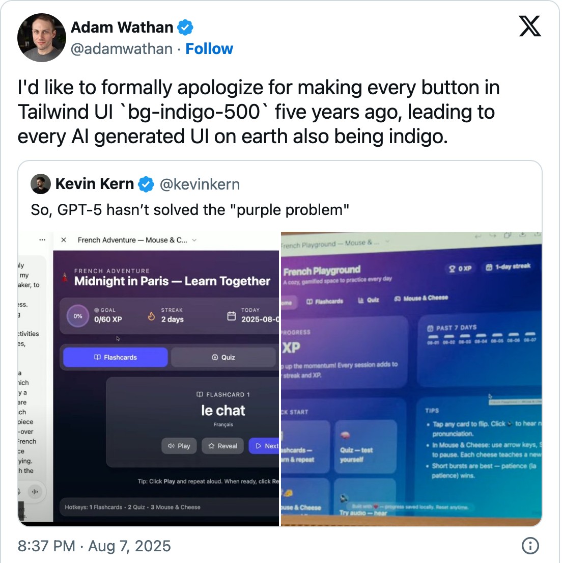 Screenshot of the post by Adam Wathan apologising for the indigo buttons in Tailwind UI, quoting a post about the purple problem