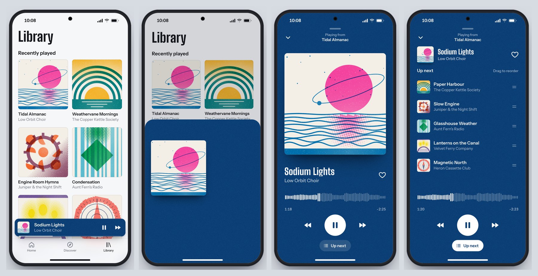 Four phone screens from the Hummock prototype: the library with the mini player, the album art growing mid-drag, the full player, and the Up next queue