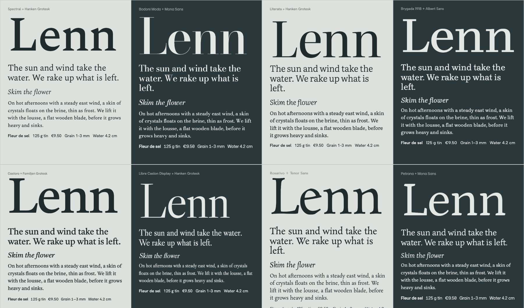 A grid of eight type specimens, each setting the Lenn wordmark and a line of copy in a different serif and sans pairing