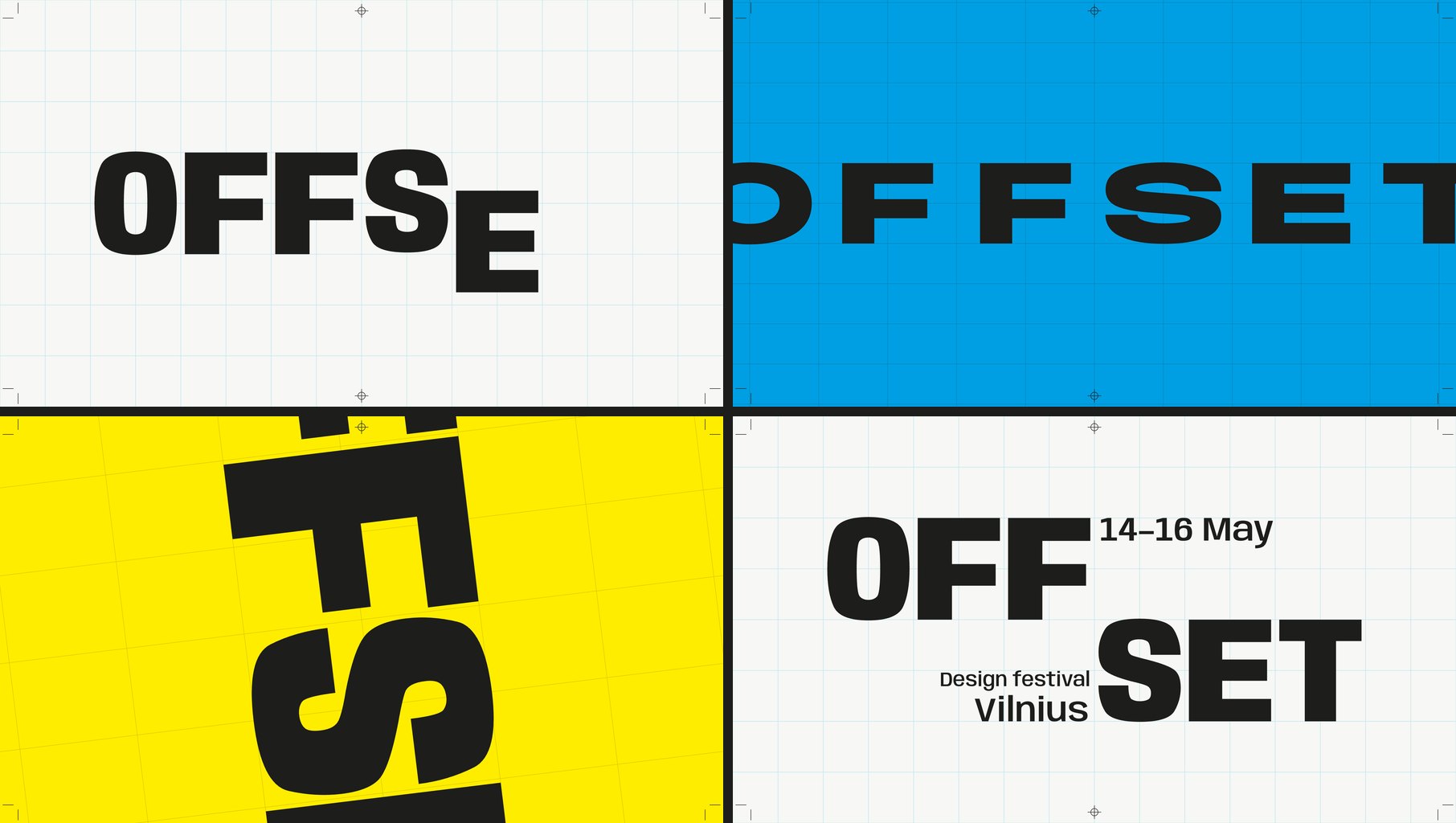 Four frames from the Offset loop: letters running in on a paper grid, the word stretched wide on cyan, a quarter turn on yellow, and the final OFF SET lockup with 14-16 May, Design festival, Vilnius