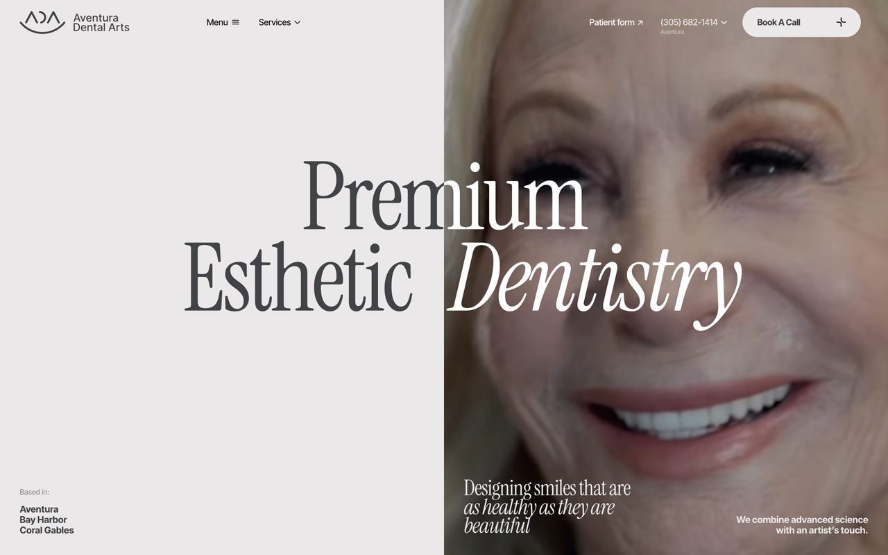 Aventura Dental Arts homepage with the headline Premium Esthetic Dentistry in Instrument Serif, the last word in italic