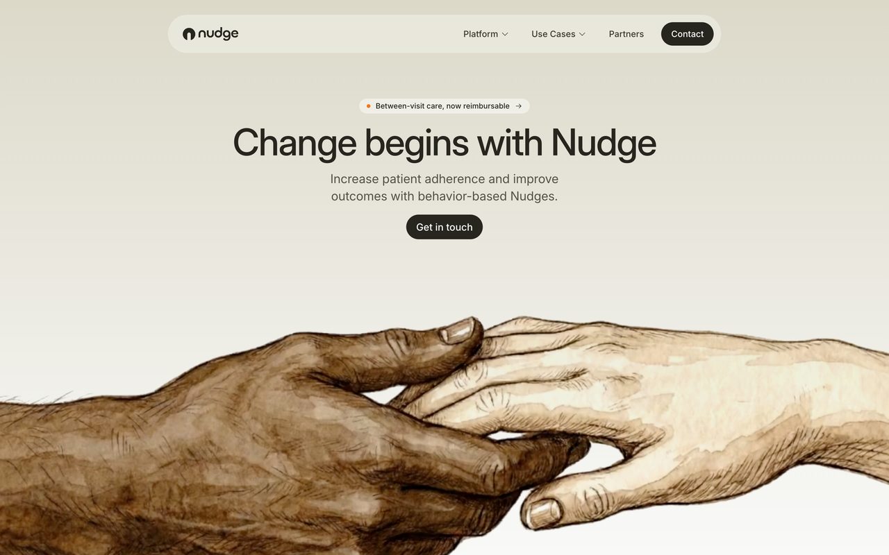 The Nudge homepage, with a centred Inter headline and a short Inter paragraph above an illustration of two hands