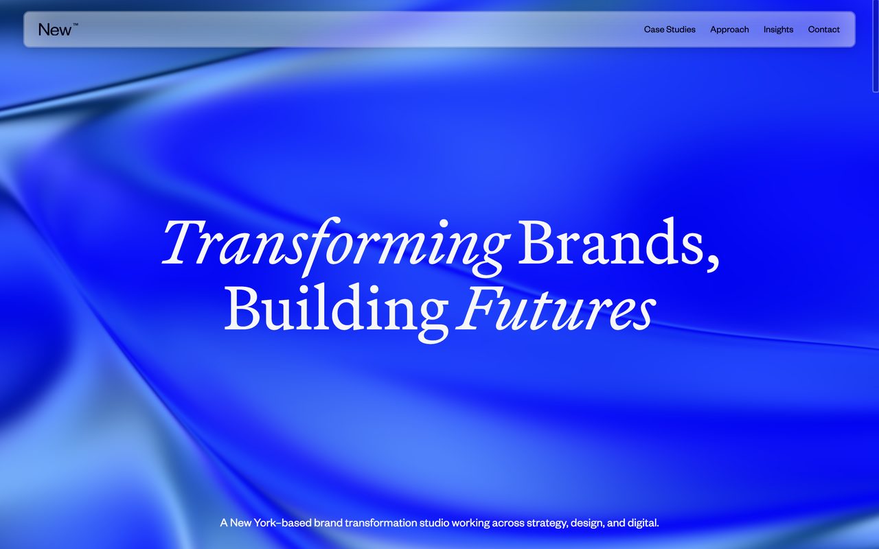 New Studio's homepage with the headline Transforming Brands, Building Futures in Martina Plantijn on a blue gradient