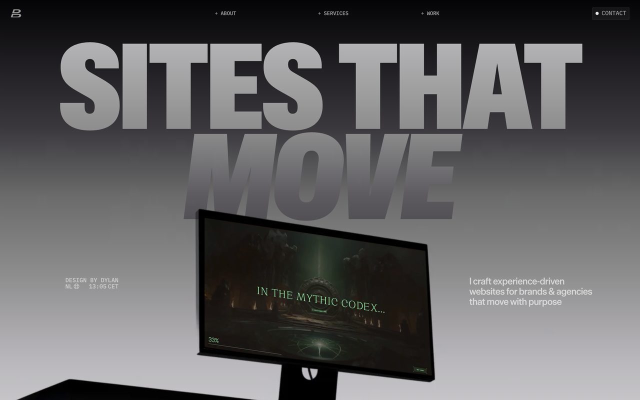 Dylan Brouwer's portfolio with Sites that move in a huge grotesk and small monospace labels around it