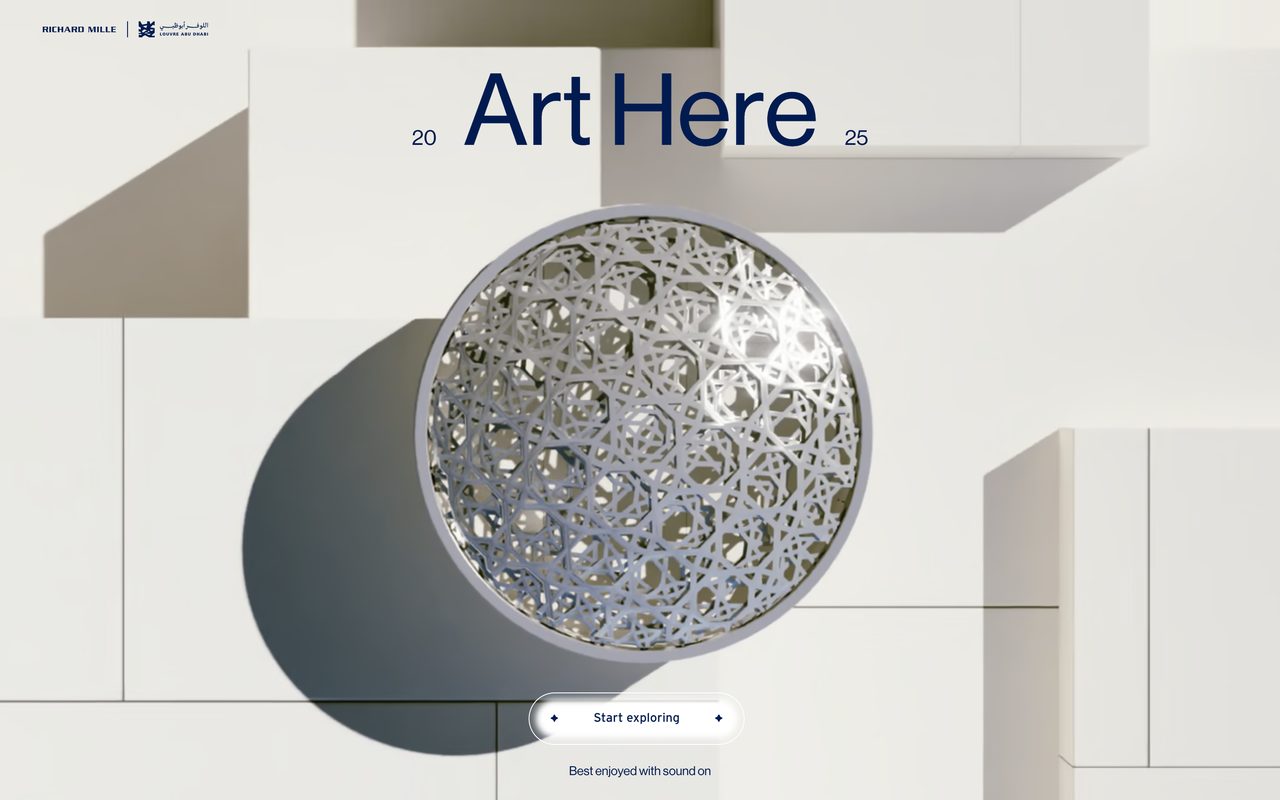 The Richard Mille Art Prize 2025 site, with a large blue Neue Haas Grotesk headline over a sculpture