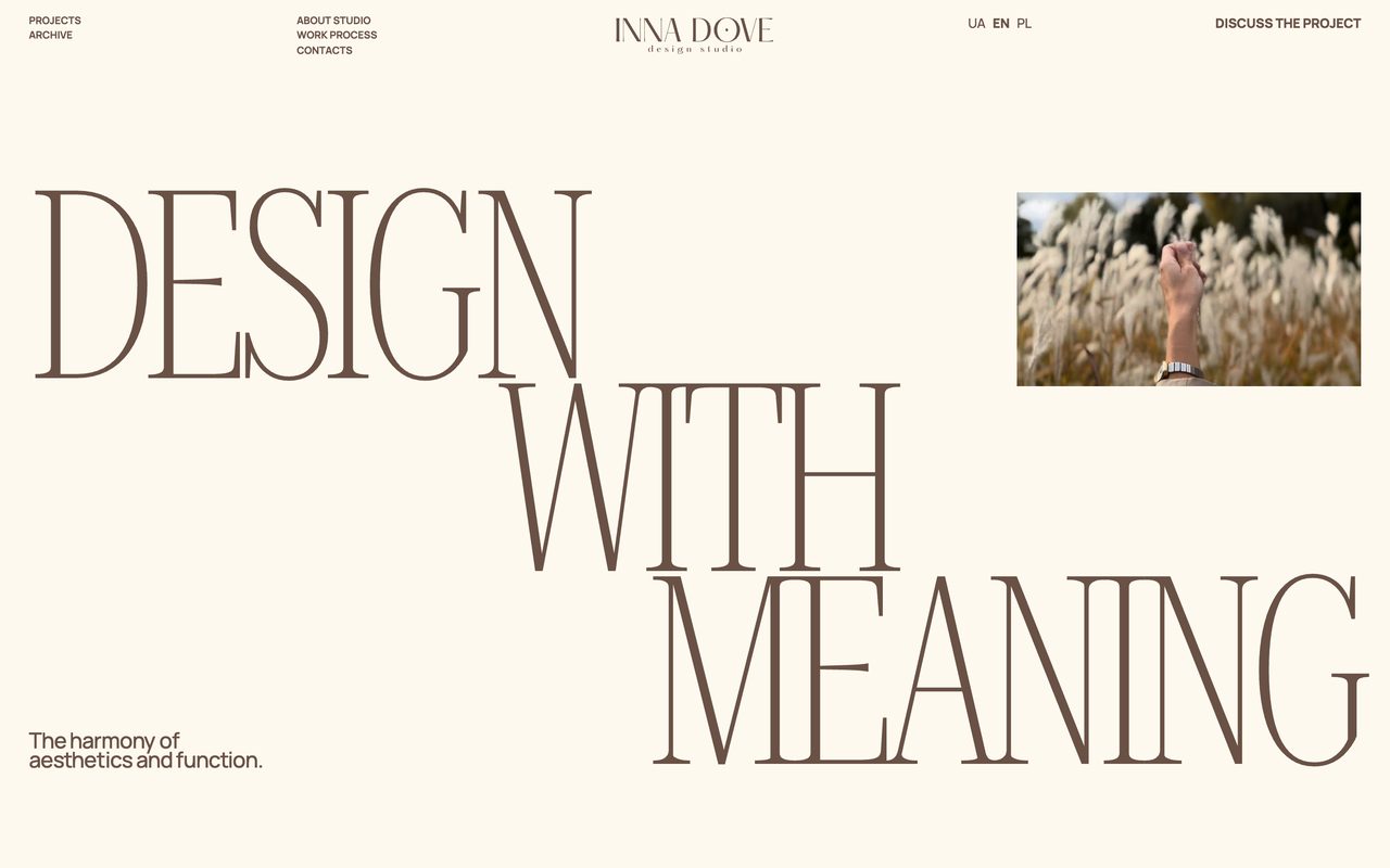 Inna Dove's homepage with a tall condensed serif headline, Design with meaning, over a small sans caption