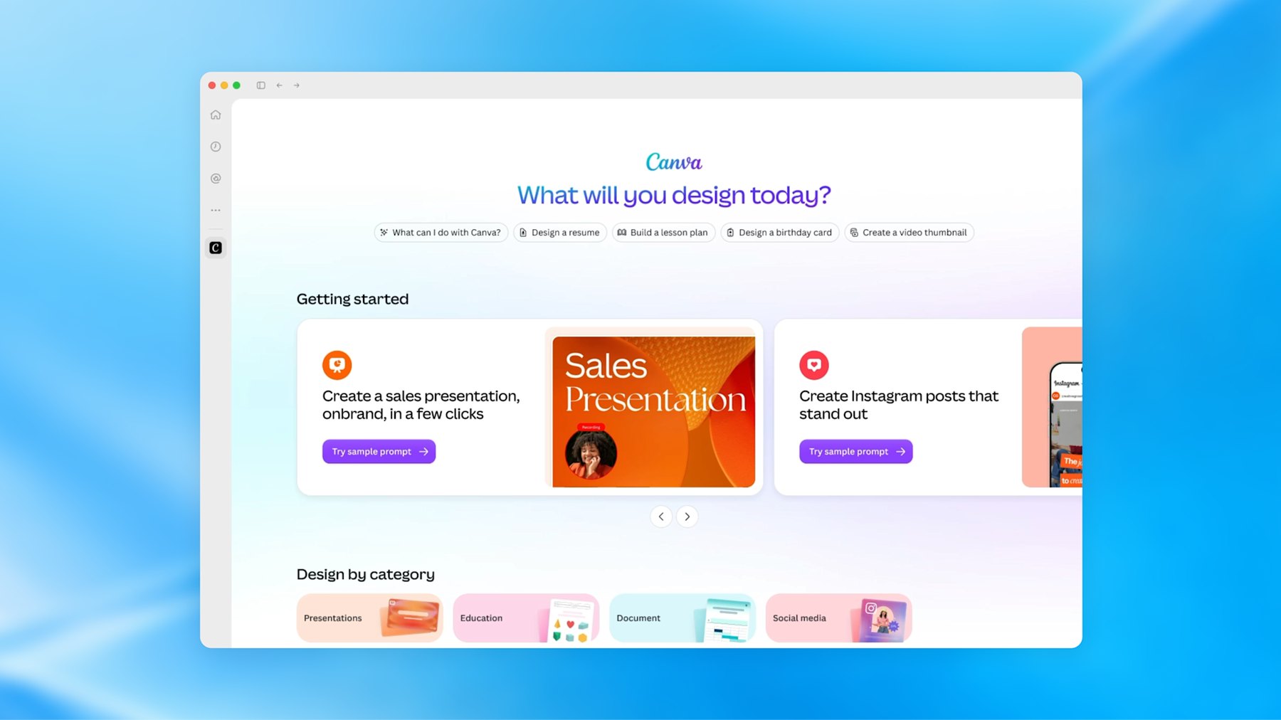 The ChatGPT desktop app with Canva open as a full-screen sidebar app, showing the heading What will you design today and cards for presentations and Instagram posts