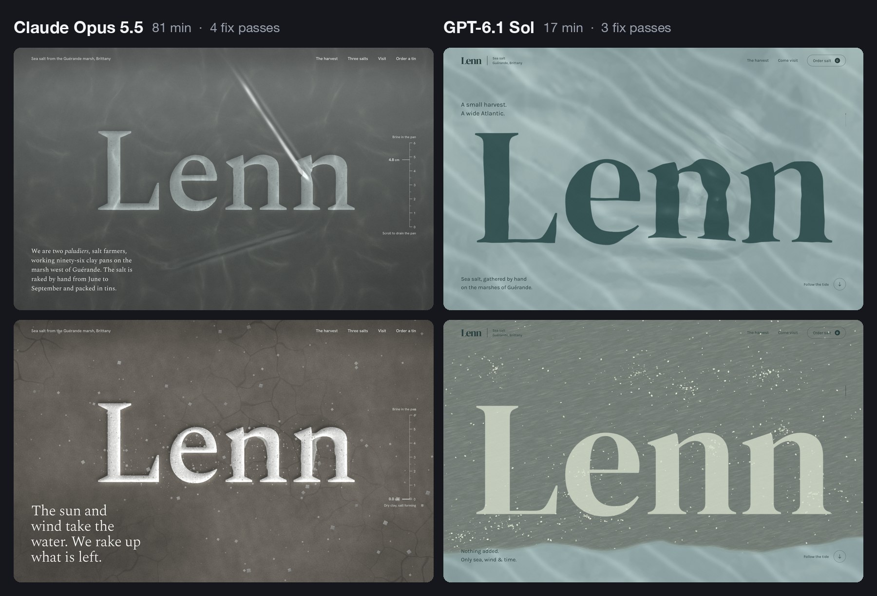 Two versions of the Lenn website side by side. On the left, by Claude Opus 5.5, a pale wordmark carved into dark grey clay under water, with a tide gauge. On the right, by GPT-6.1 Sol, a dark green wordmark under pale sea-green water. Below each, the same hero after scrolling, drained and scattered with salt