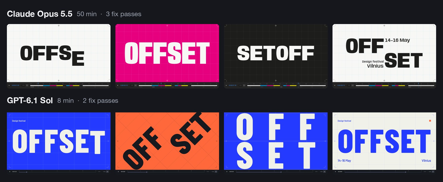Two rows of four frames. Top, by Claude Opus 5.5: the word Offset on paper, magenta and black, reading SETOFF in one frame, then a stacked OFF SET lockup. Bottom, by GPT-6.1 Sol: Offset in white on ultramarine, tilted on orange, split into two rows, then a blue lockup on paper with 14-16 May and Vilnius
