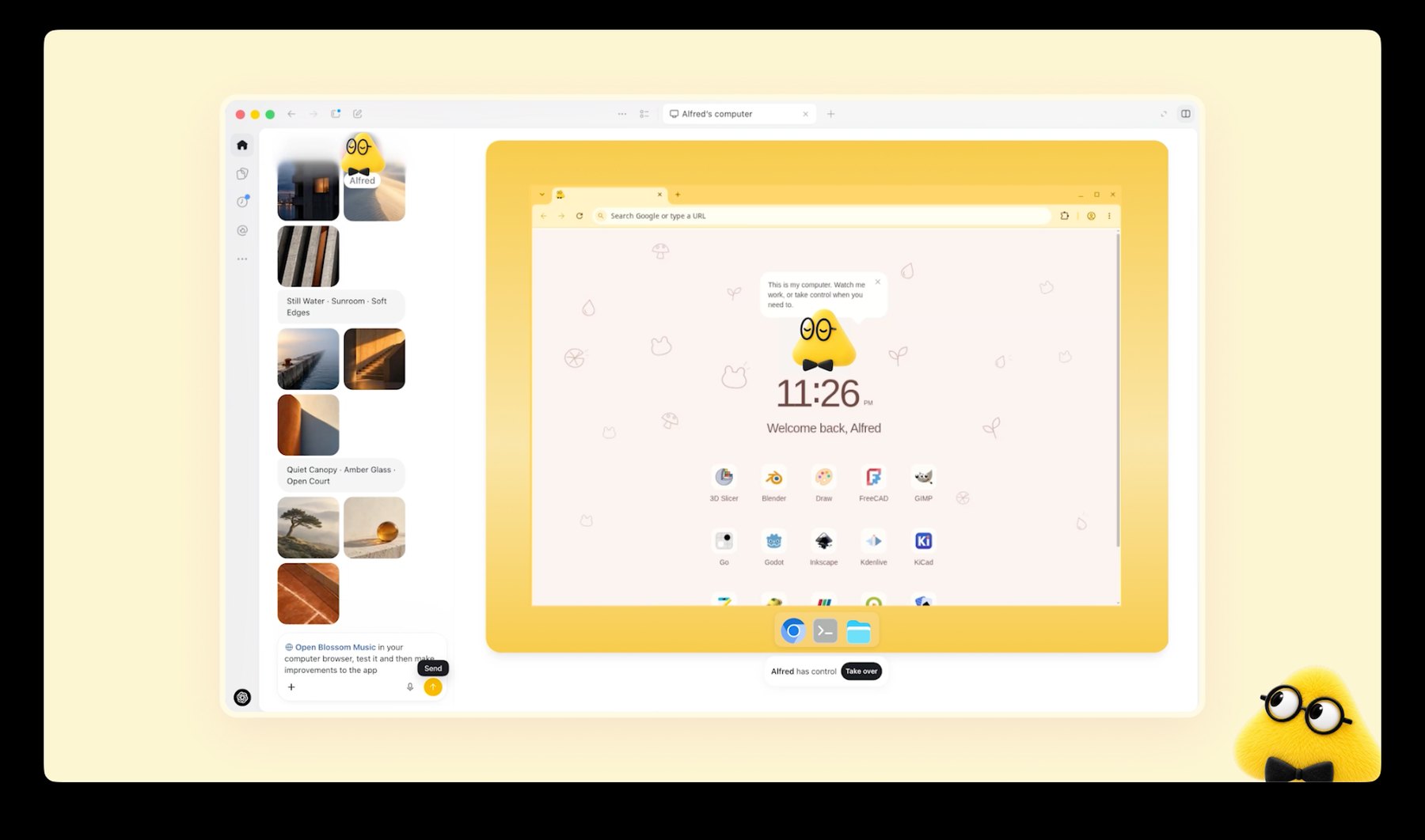 The ChatGPT app showing a dot called Alfred and its own computer: a browser window on a yellow desktop with icons for Blender, GIMP, Inkscape, Kdenlive and other apps