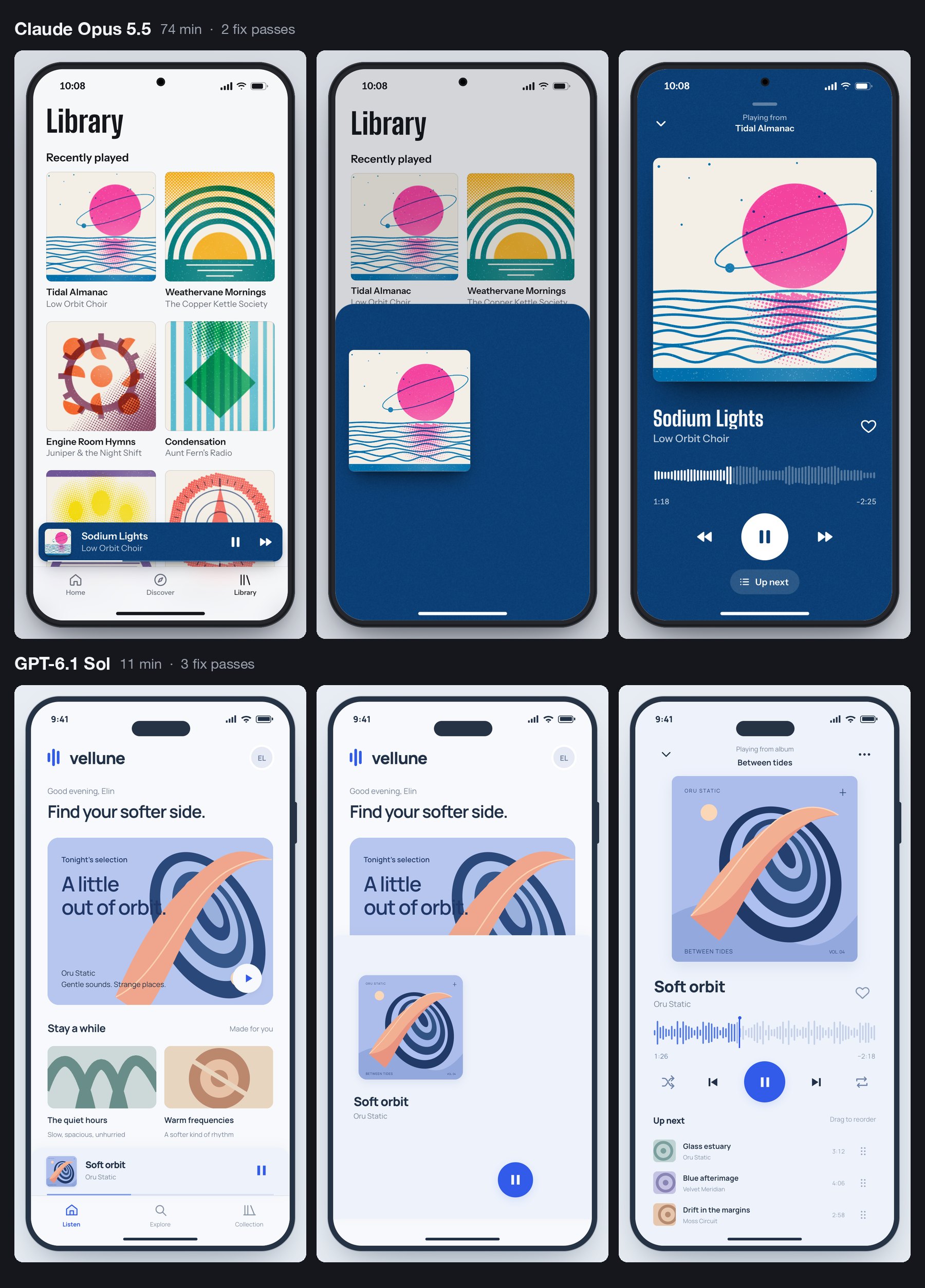 Six phone screens in two rows. Top, by Claude Opus 5.5: a library of risograph-style album covers, the cover growing mid-drag on a deep blue sheet, and the full player. Bottom, by GPT-6.1 Sol: a pale blue home screen, a small cover mid-drag, and a full player with a waveform and an Up next queue