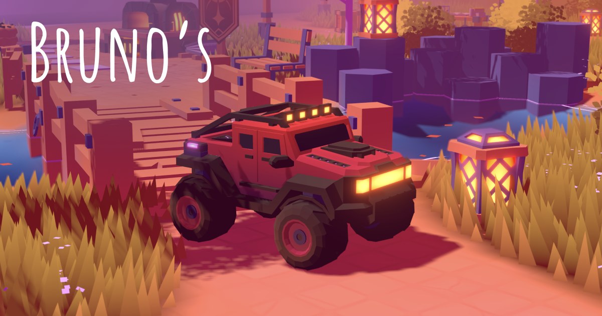Bruno Simon's portfolio: a red low-poly truck on a wooden bridge at dusk