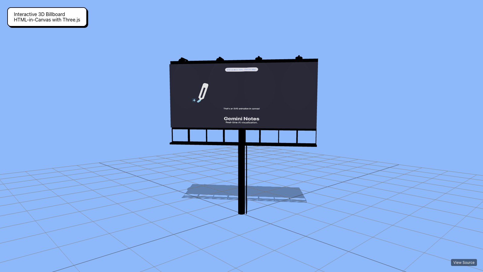 Chrome demo: an interactive 3D billboard in three.js showing a live HTML card with a button and an SVG animation
