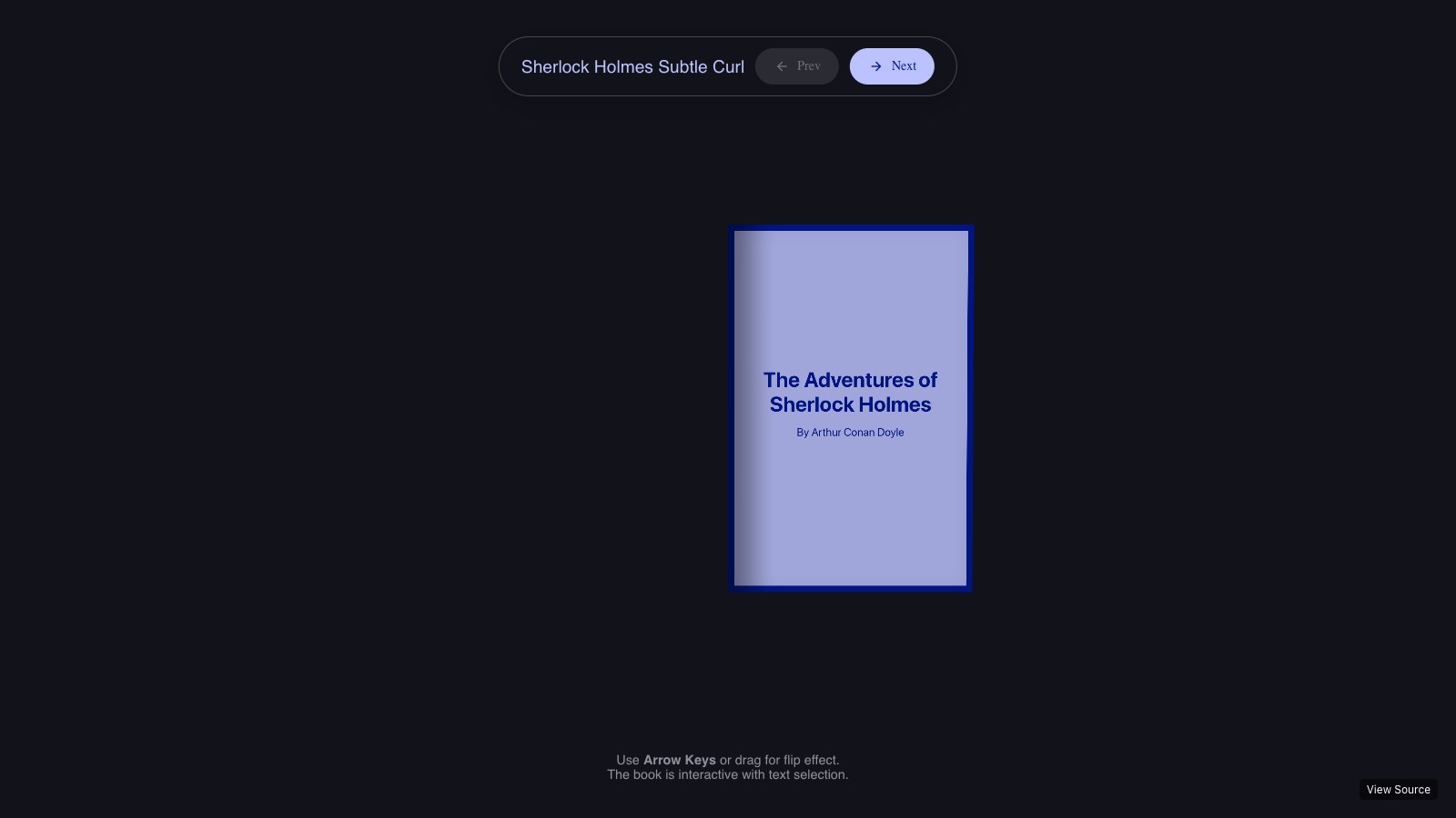 Chrome demo: a 3D book whose cover and pages are live selectable HTML text