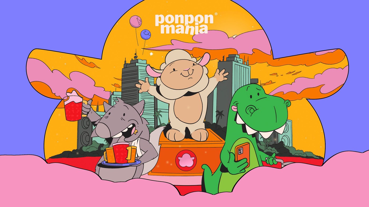 Ponpon Mania artwork: a sheep, a wolf and a dinosaur celebrating in a cartoon city