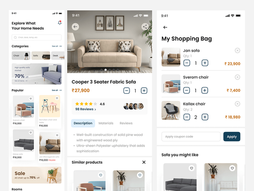 online furniture app UI screens