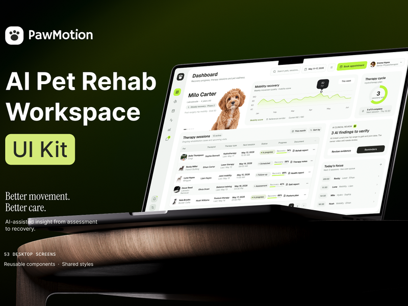 PawMotion — AI Pet Rehabilitation Web App UI Kit: A 53-screen desktop UI kit for designers building pet rehab, veterinary, or clinical care dashboards.