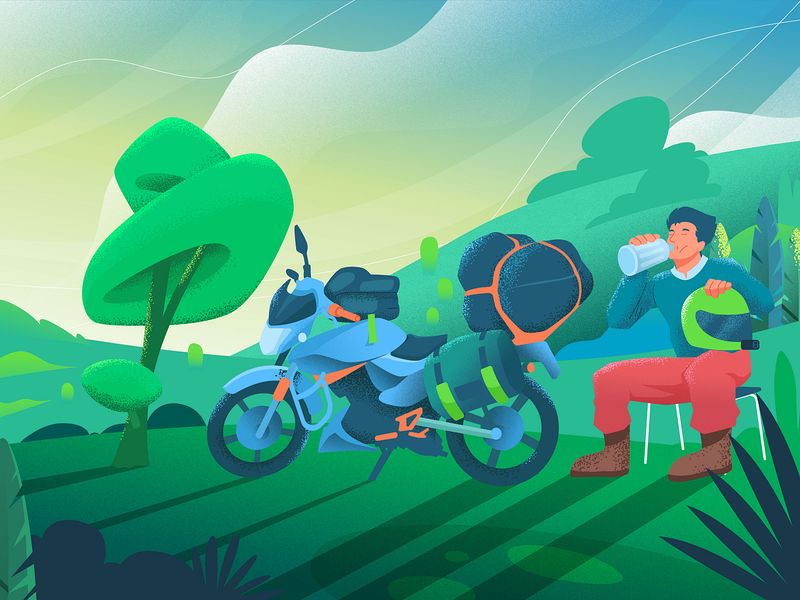Roadside Break - Motorcycle Travel Illustration