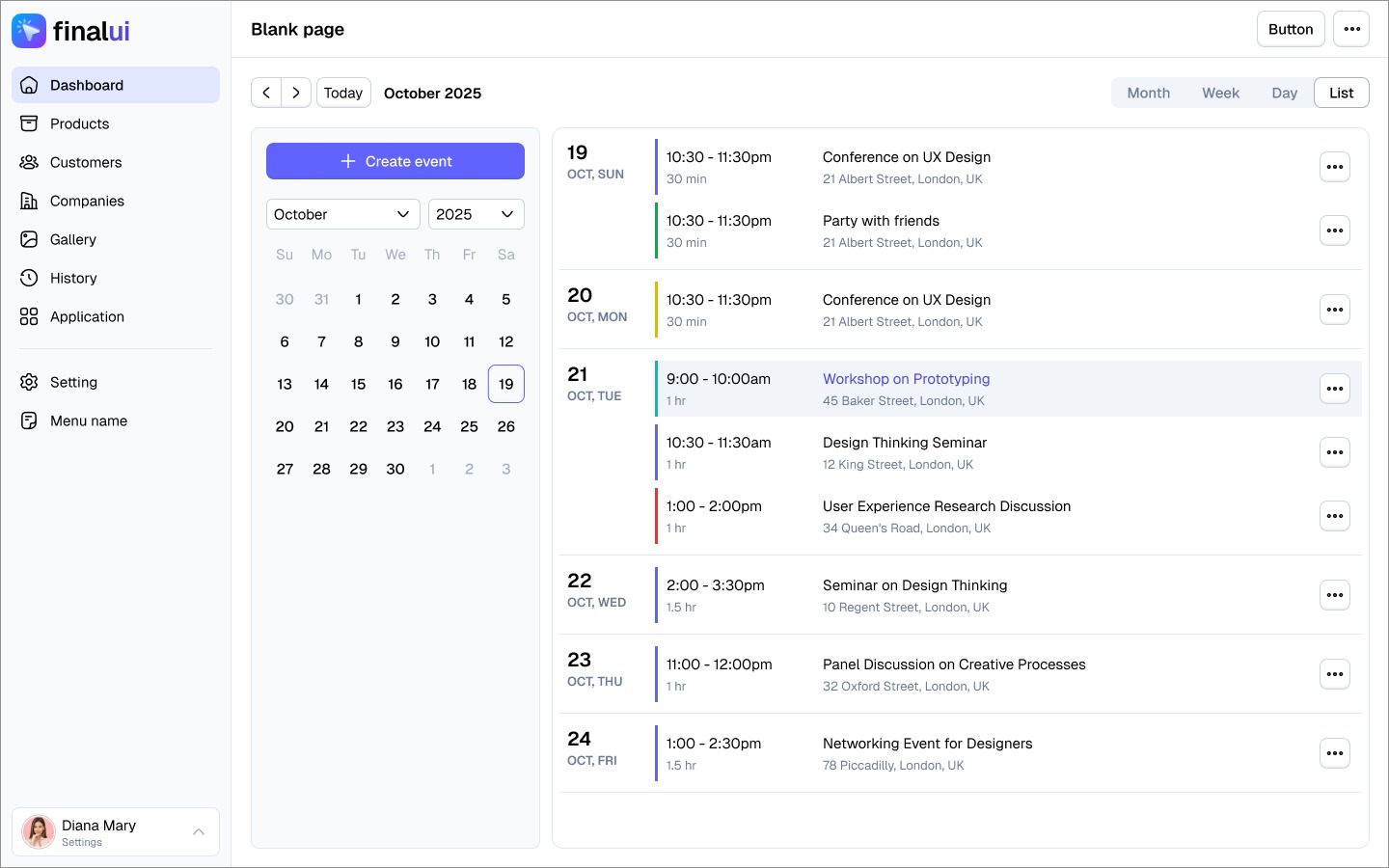 List view by Days of Calendar 