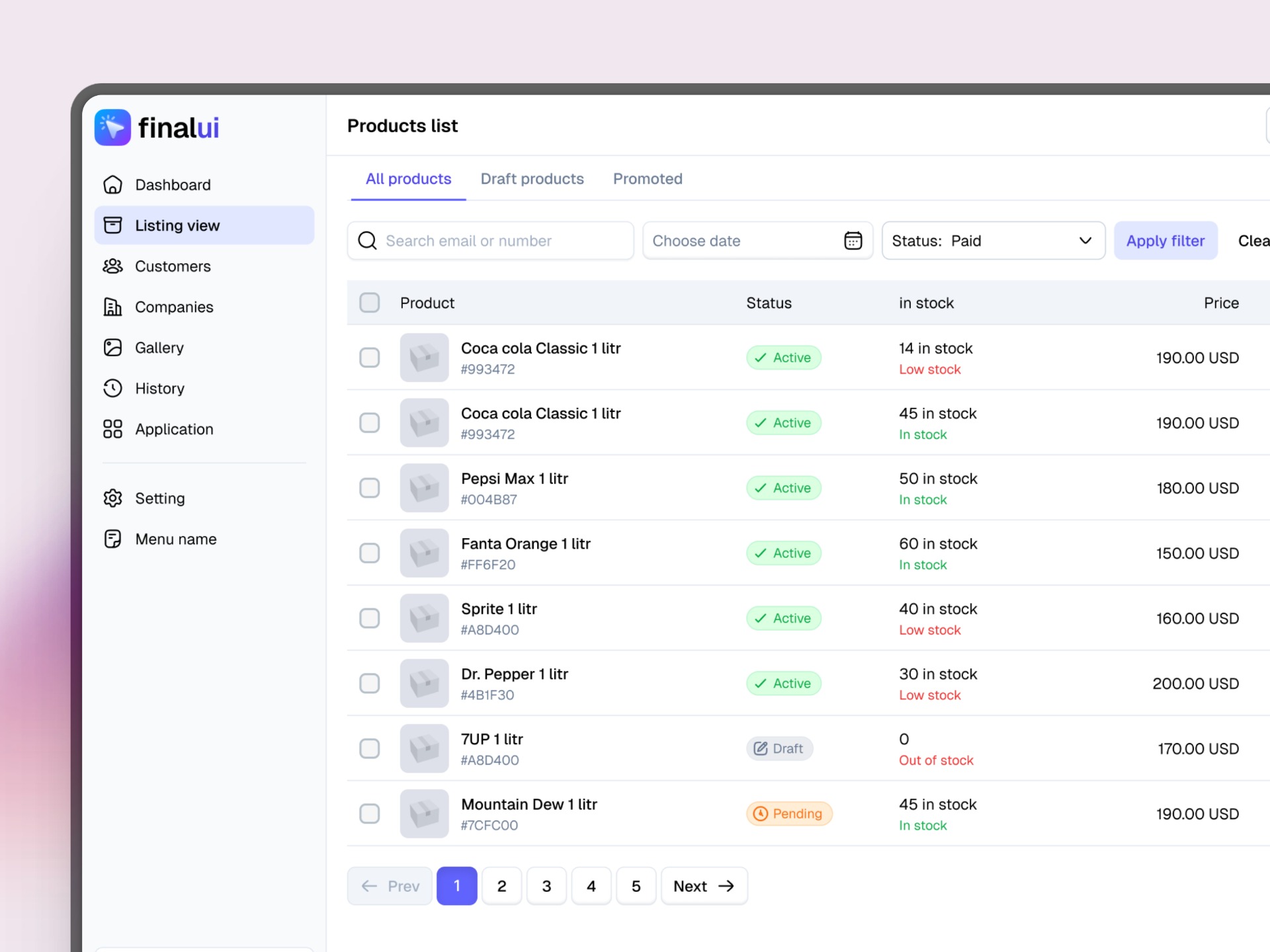 Admin Product List UI