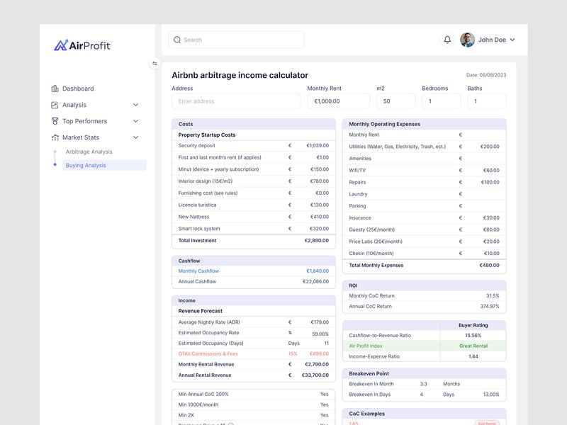 AirProfit Investment & Income Calculator Dashboard UI