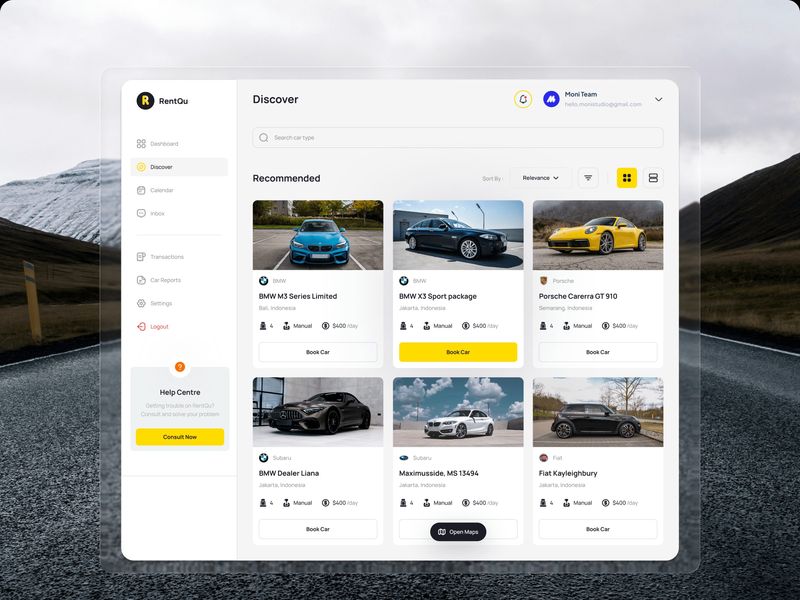 Rent Car Dashboard UI Kit Template - Discover Page