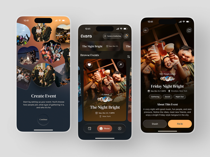 Evara - Social Gathering App UI, Event Discovery & Community Design