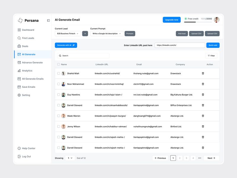 Persana – AI for Email Generator Dashboard