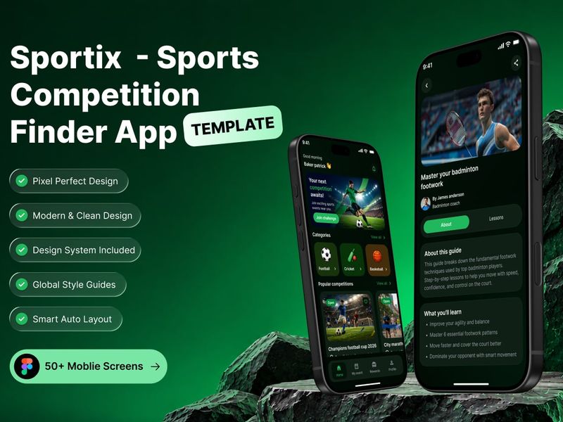 Sportix – Sports Competition Finder Mobile App UI Kit for Figma - Mobile design asset by ui8