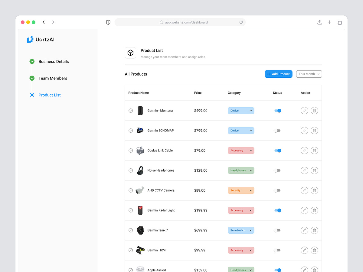 SaaS Product List Dashboard UI – Modern Admin Panel Design