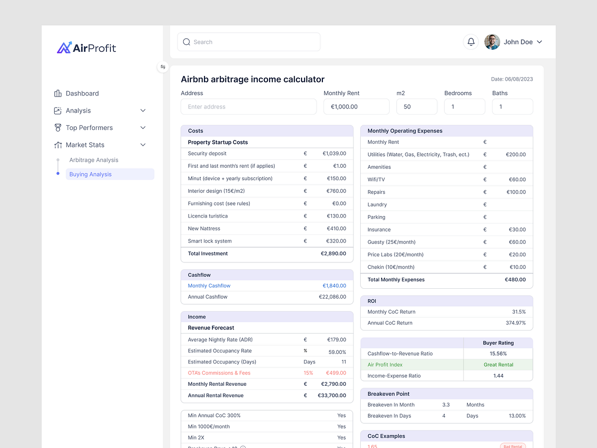 AirProfit Investment & Income Calculator Dashboard UI