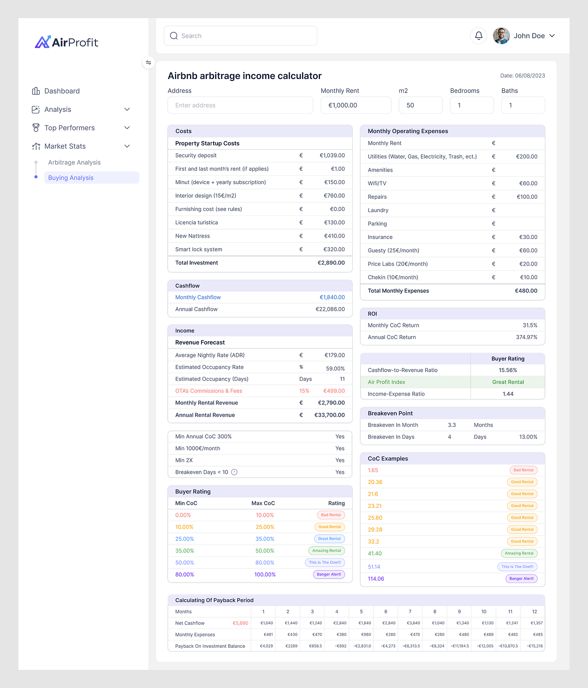 AirProfit Investment & Income Calculator Dashboard UI Image 1