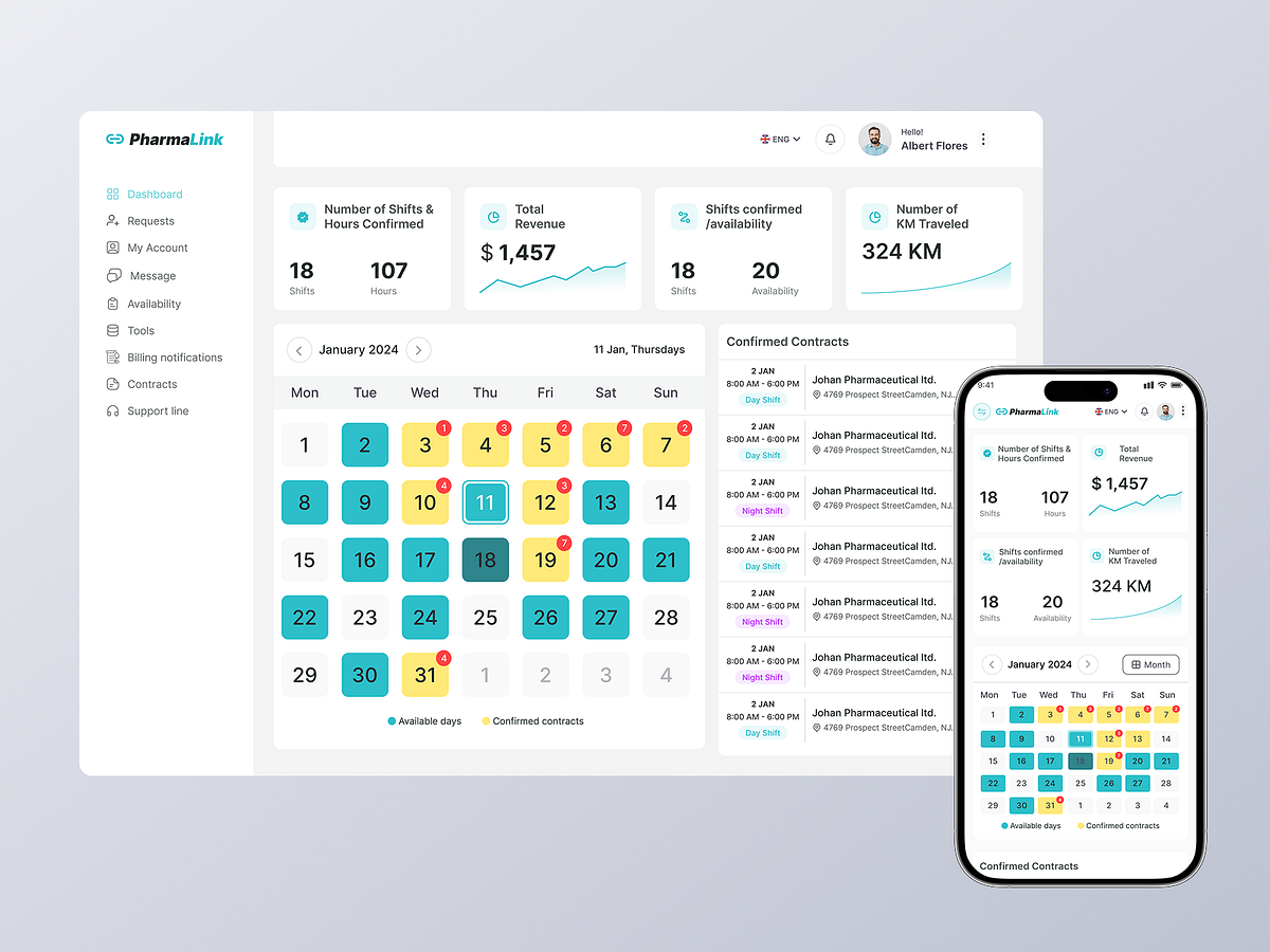 PharmaLink Dashboard & Mobile Scheduling Experience