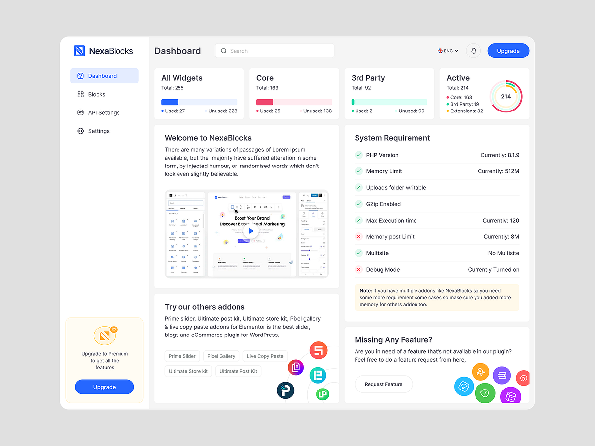 NexaBlocks Dashboard Plugin Management & System Overview Image 0