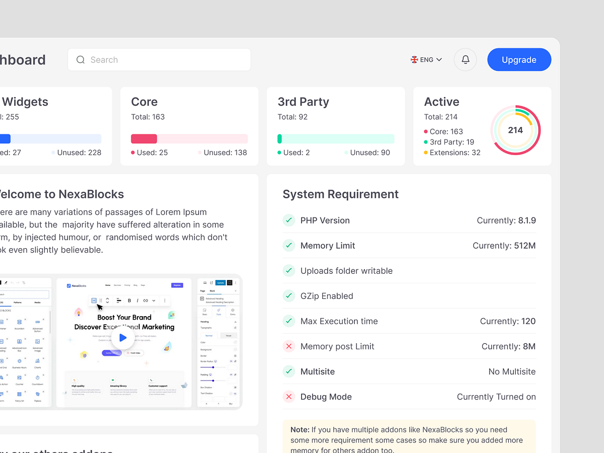 NexaBlocks Dashboard Plugin Management & System Overview Image 1