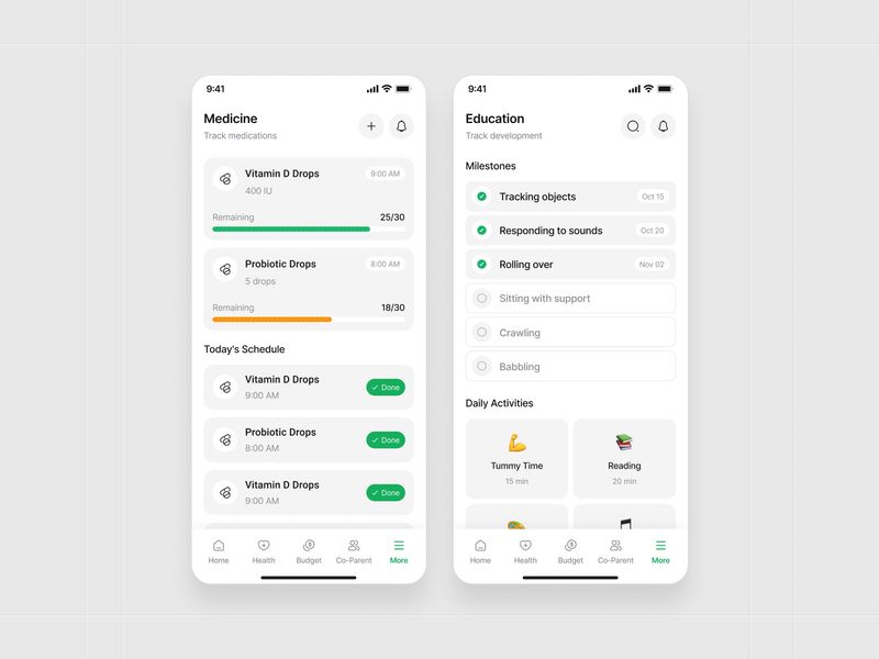 KidSync Co-Parenting App UI | Medicine Tracker & Child Education Progress Screens