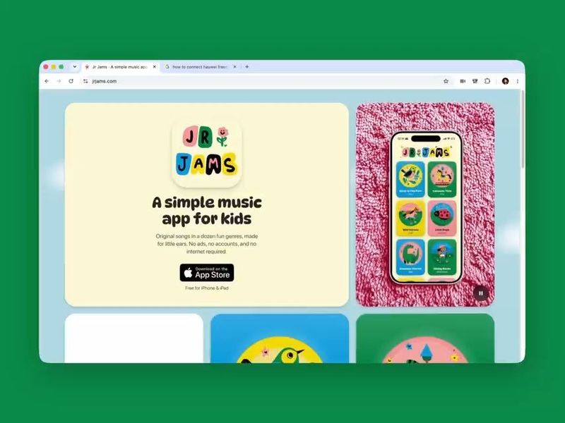 Jr Jams is a music app for kids, so the website had to be fun. jrjams.com. Built with Fable.
