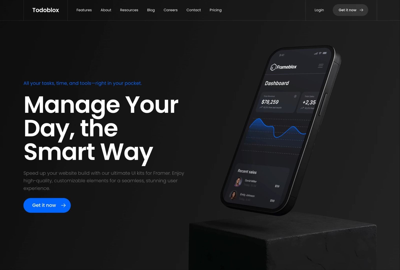 Day 107 - Dark hero secction for Framer - Frameblox UI kit