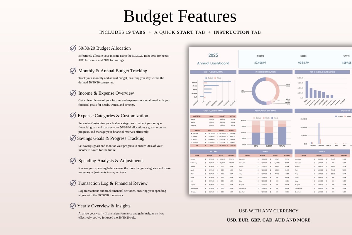 Annual 50/30/20 Budget Spreadsheet Template | SpreadsheetsHub Image 0