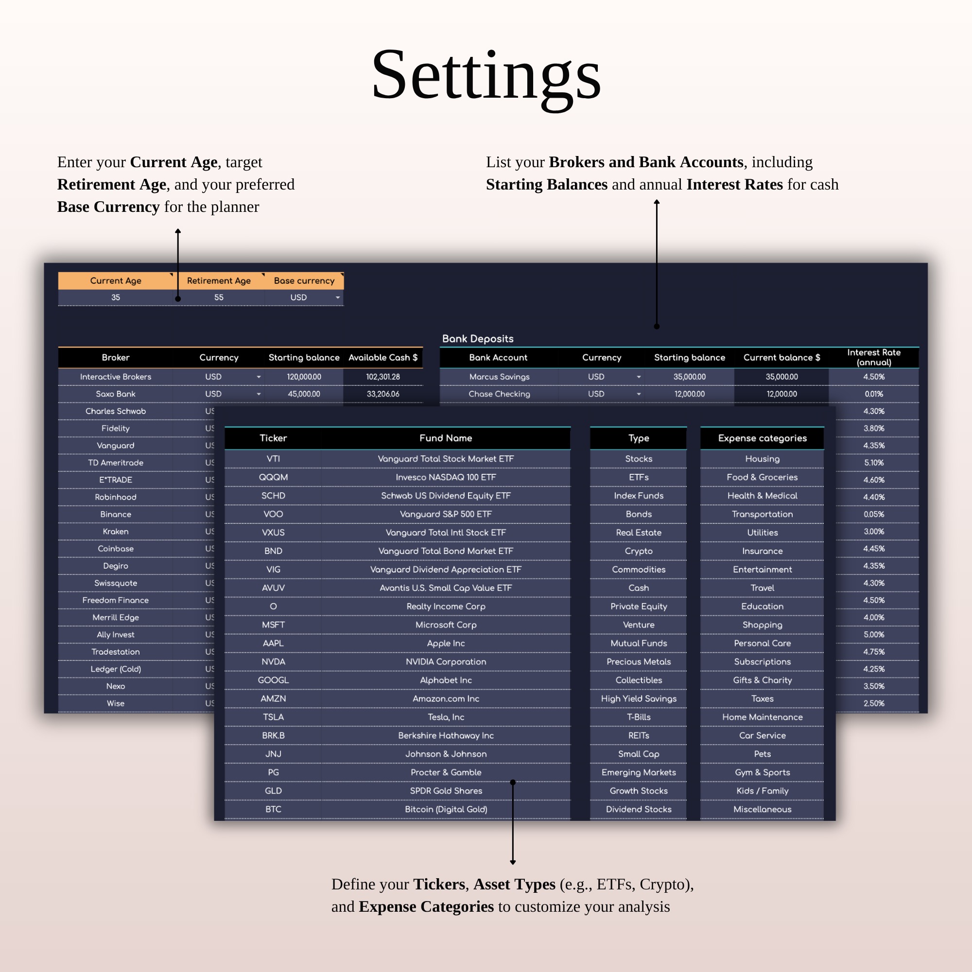Retirement Portfolio Tracker Excel | Dark Mode Image 1