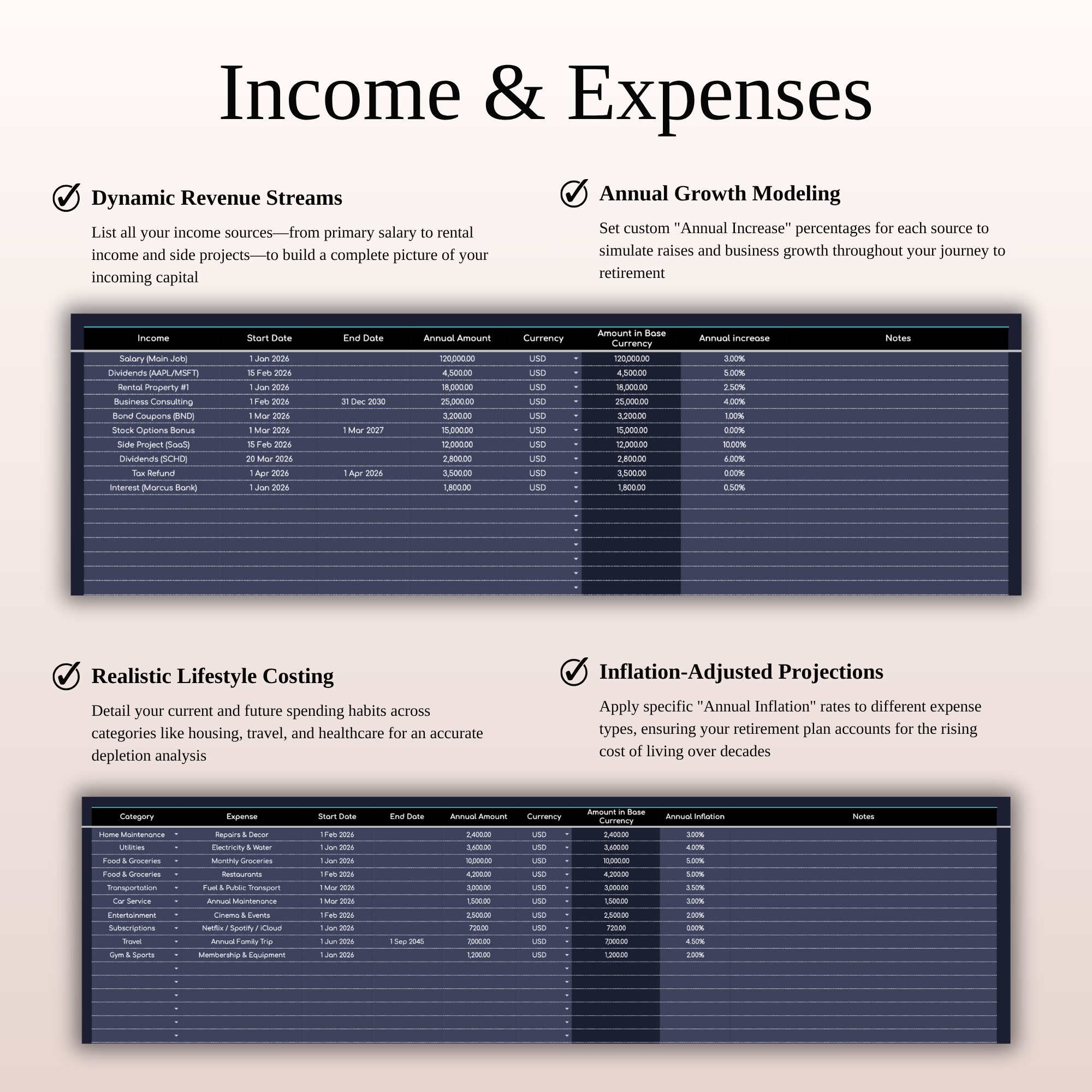 Retirement Portfolio Tracker Excel | Dark Mode Image 4